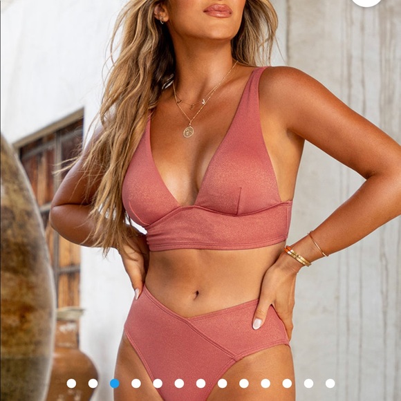 Dusty Cedar Tall Tri & V Front High Waist Bikini Set. Cupshe with Jojo fletcher. - Picture 3 of 7